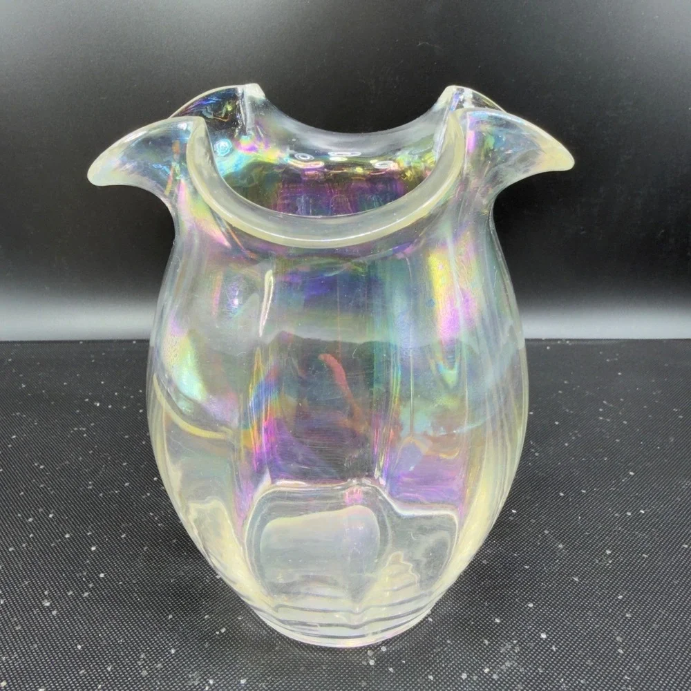 Silvestri‎ Iridescent Carnival Glass Vase Ruffled Rim Pearlescent Luster Clear